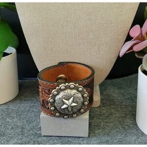 Western Tooled Leather Cuff Bracelet Star Concho Cowboy Cowgirl Rodeo